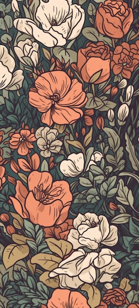 A flower wallpaper that is green and has a flower pattern in the middle.