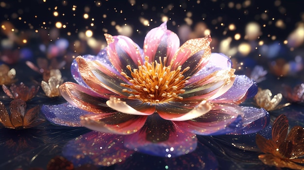 A flower in the water with lights in the background