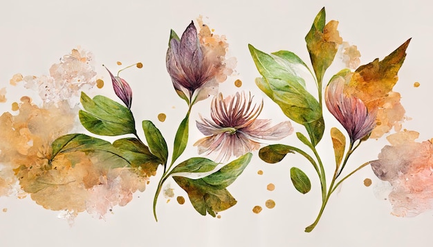 Flower watercolor art background vector Wallpaper design with floral paint brush line art Generative Ai