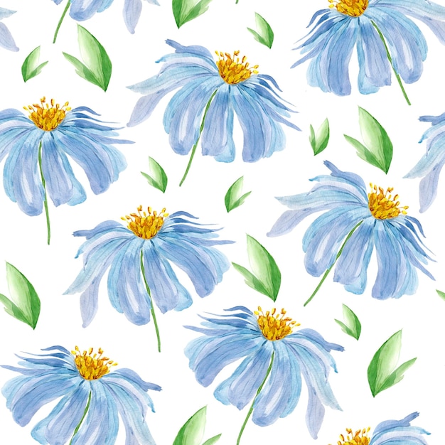 Flower with big blue petals and yellow heart watercolor seamless pattern