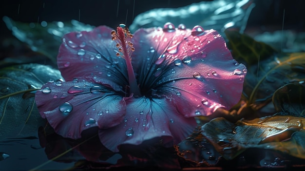 A flower with a blue background and the raindrops on it