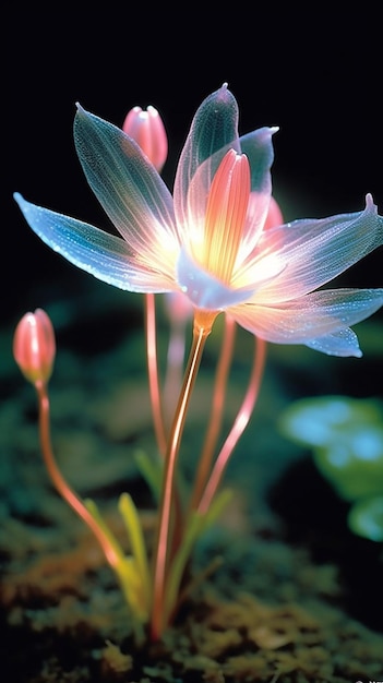 A flower with a blue and red light