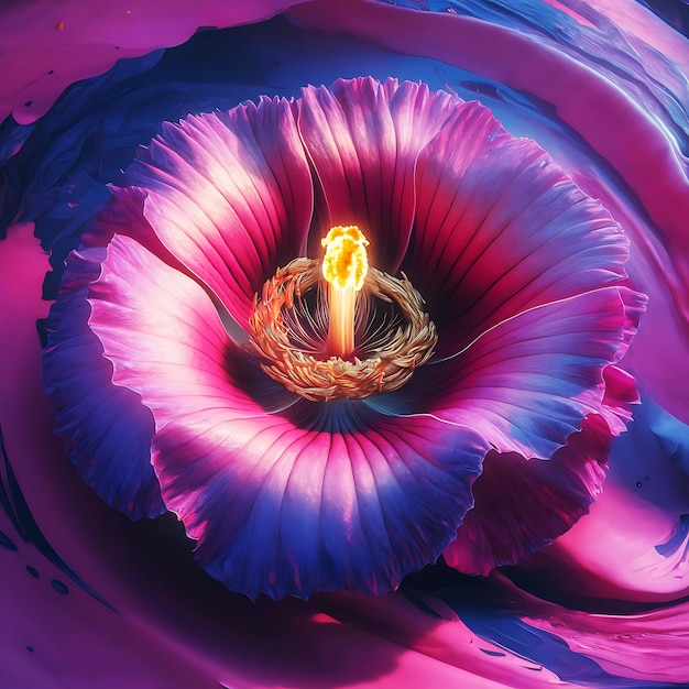 a flower with a candle in it that is purple and blue