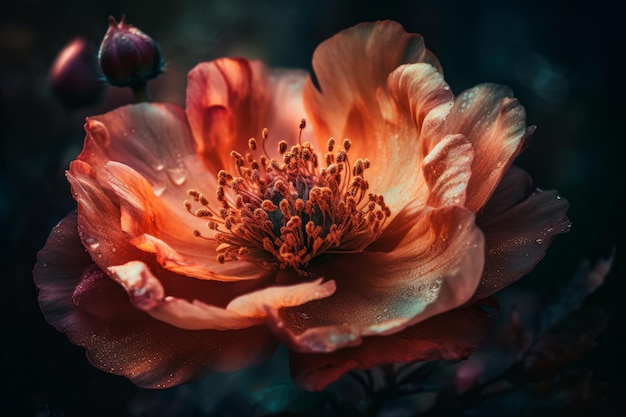 A flower with a dark background and a red flower with the word love on it.