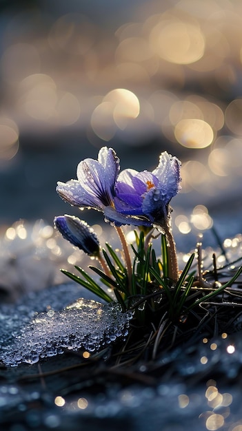 Flower with dew on snow The concept of natures spring awakening