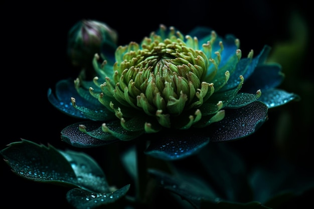 A flower with green petals and green dots is shown