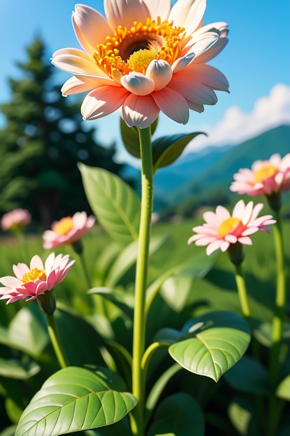 A flower with a green stem and a pink flower with a white center.