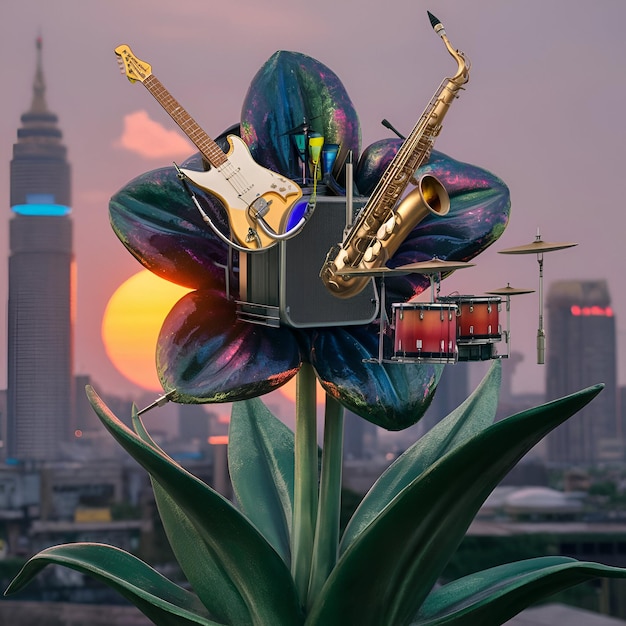 a flower with a musical instrument on it