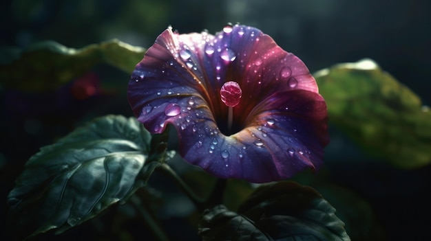 A flower with a purple and blue flower with water droplets on it