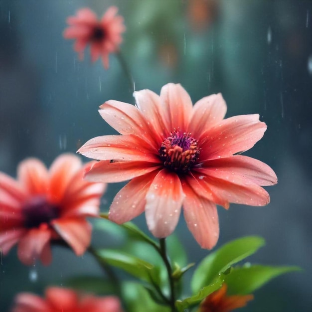 a flower with rain drops on it and the rain is falling