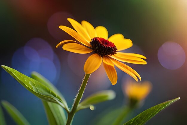 A flower with a red center and a black center is in the center.