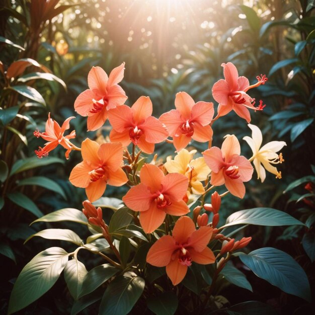 a flower with the sun shining through the leaves