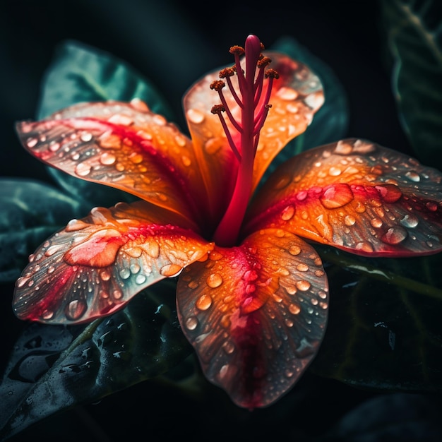 A flower with water droplets on it is covered in water droplets.