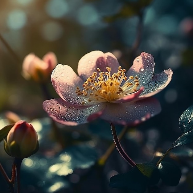 A flower with water droplets on it is in the sunlight.