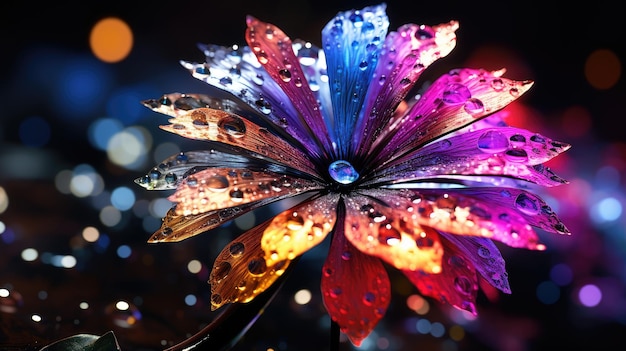 a flower with water drops on it and the blue background is a reflection