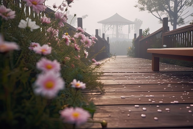 Flower wonderland with a boardwalk Foggy background Generative AI