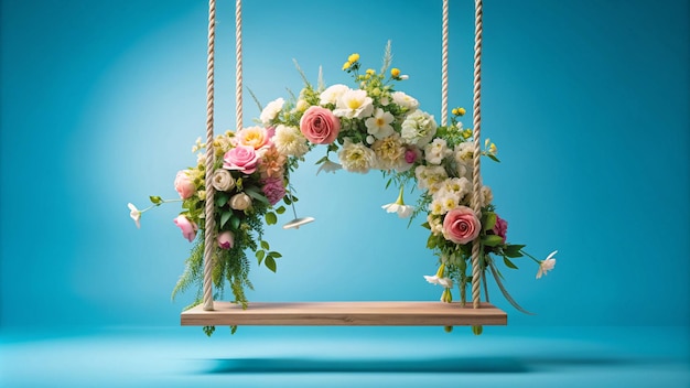 a flower wreath hangs from a rope with a blue background