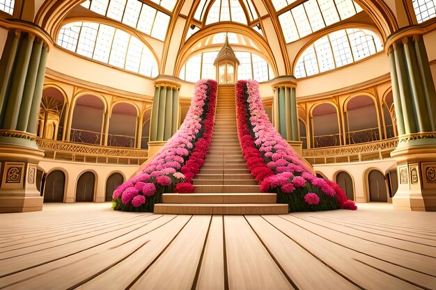 A flowered staircase with pink flowers on the bottom.