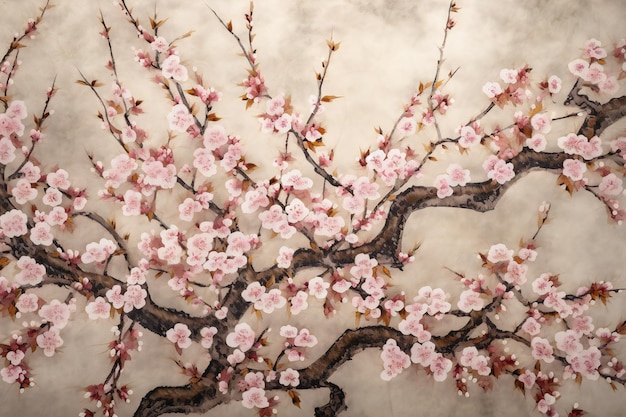 Flowering branch of cherry on a marble background Cherry blossom