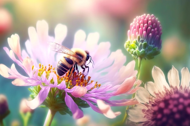 Flowering spring meadow with many bee flower and flying beetles and bees