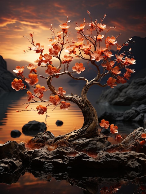 Flowering tree against a golden sunset its blooms outlined against the darkening sky Perfect for evoking serenity and beauty in design projects Generative AI