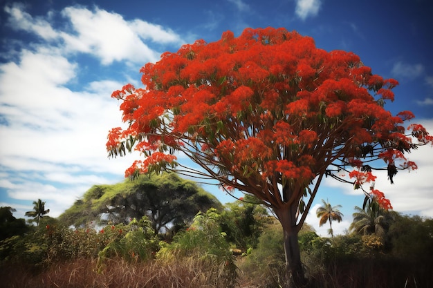 Flowering tree on a background of blue sky with clouds