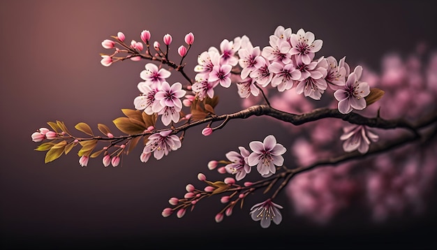 Flowering tree branch on dark red background Generative AI