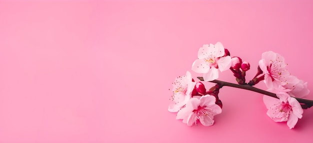 Flowering tree branch isolated on pink background with copy space Generative AI