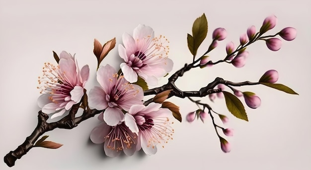 Flowering tree branch on pale background Generative AI