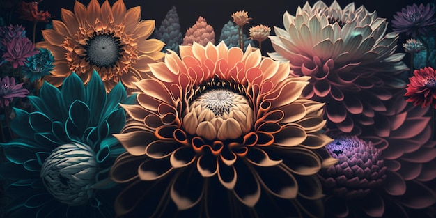 Flowers are arranged in a bouquet of on black background generative ai