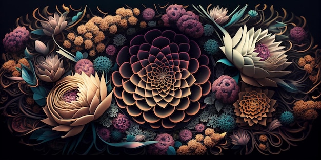 Flowers are arranged in a circle with black background generative ai