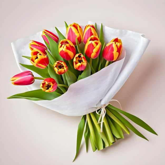 flowers are arranged on a paper wrapped bouquet