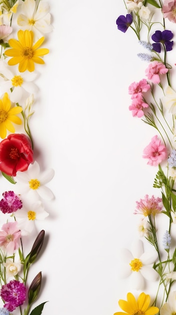 Flowers are arranged in a row on a white surface generative ai