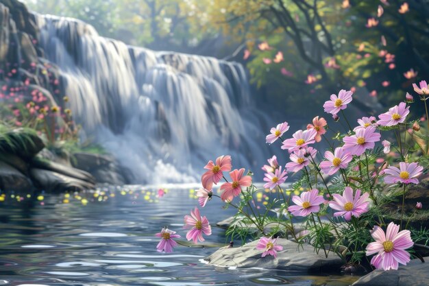 Photo flowers beside waterfall