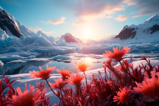 Flowers bloom in Antarctica Climate changes Melting glacier Global changes on the planet