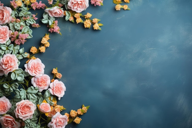 Flowers on blue background with copy space Flat lay top view AI Generated