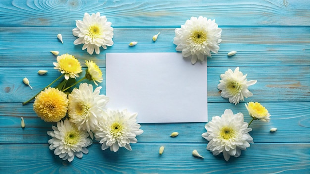 Photo flowers on a blue background with a white envelope and a white envelope