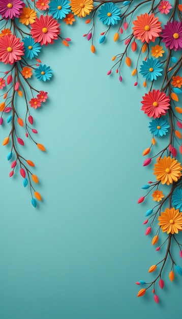 flowers on a blue wall Elegant colorful with vibrant flowers hanging on the blue background