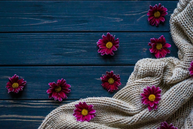 Flowers on a blue wooden background