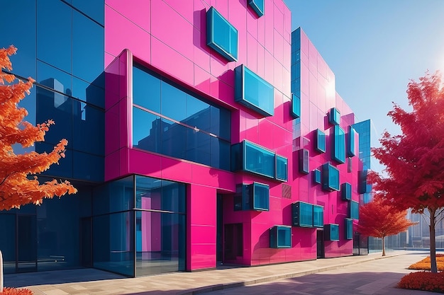 Flowers buildings and modern abstract futuristic architecture glass neon colored geometric pink red blue walls with urban scene around autumn sunny day