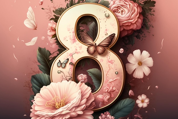 Flowers and butterflies in the form of the number 8 pink background. Women's Day. Generative AI