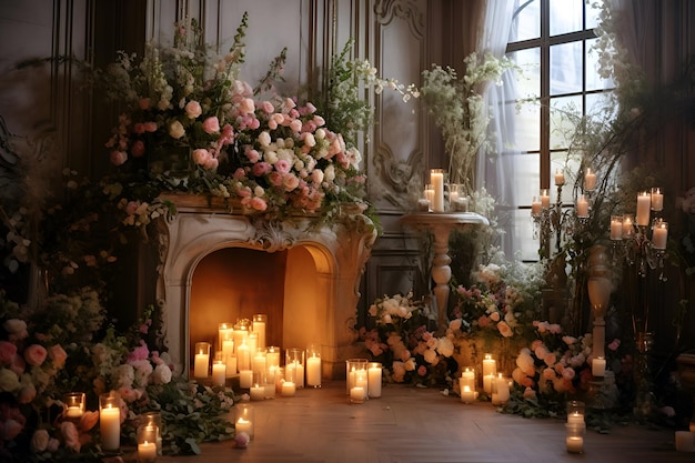 Flowers and candles in the interior of the room with a fireplace