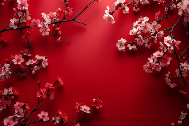 Flowers of cherry blossoms on a red background with copy space