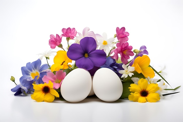 Flowers and colored eggs with white background easter theme