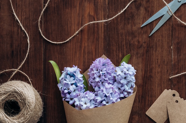 Flowers composition. Bouquet Hyacinths on a wood table. Valentine's Day