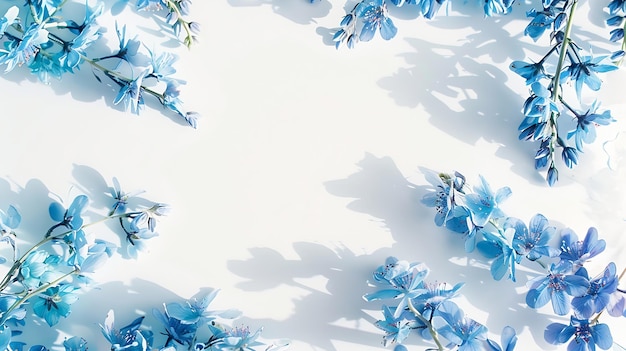 Flowers composition Frame made of blue flowers on white background Easter spring con Generative AI