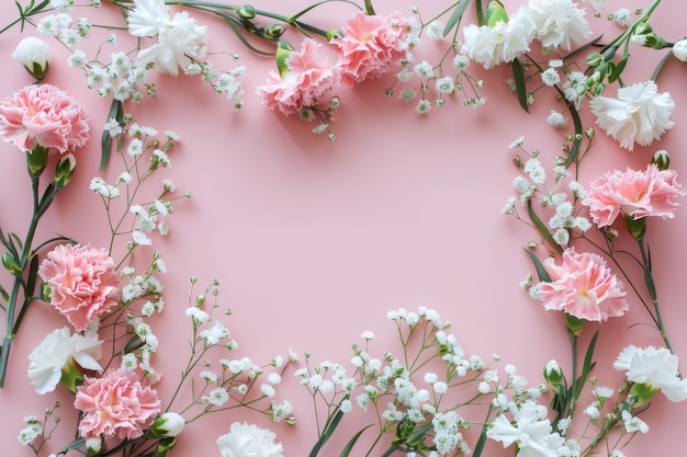 Flowers composition Frame made of carnation flowers on pink background Flat lay top view