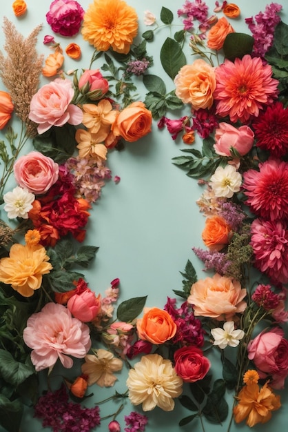 Flowers composition Frame made of colorful flowers on blue background Flat lay top view copy space