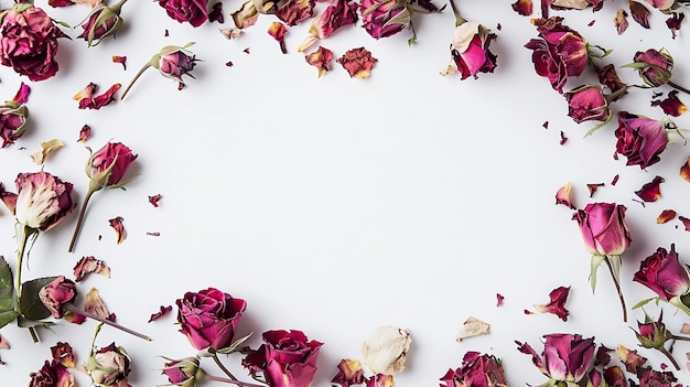 Flowers composition Frame made of dried rose flowers on white background Flat lay to Generative AI