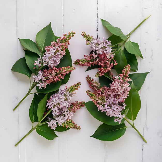 Photo flowers composition lilac flowers green leaves on white background flat lay top view